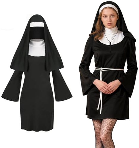 YDUNARISE 4 Stücke Nonnenkostüm Damen Set, mit Nonnenrock,Kreuzkette, Halloween Glitzersteine Gesicht, Nonnenhaube,für Halloween Karneval Fasching Cosplay