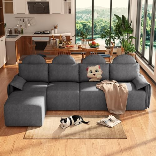 Meeyar Ecksofa, Großes Couch L Form, Mit Hocker Und Abnehmbaren Bezügen, Doppelseitigen Kissen, Kurzflorstoff Sofa L Für Wohnzimmer Schlafzimmer Büro Wohnung (274CM,Grau)