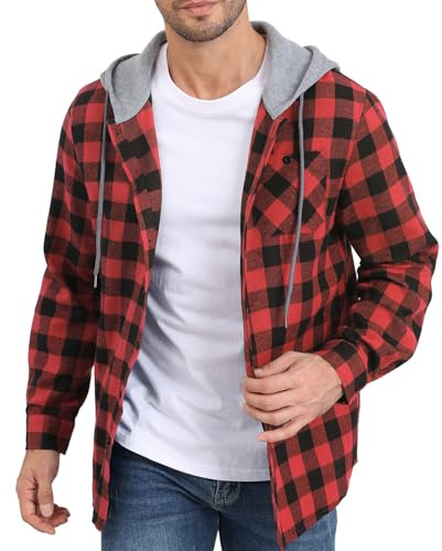 CTU Mens Sweatshirt Hoodies Lightweight Checked Jacket Button Down Long Sleeve Shirt With Pocket Red XXL