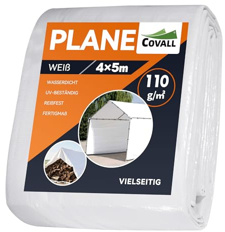 Covall 4m x 5m White Tarpaulin Waterproof Heavy Duty Tarp, Ground Sheet, Waterproof Covers for Outdoor, UV-resistant, Windproof, Multipurpose, Reinforced Eyelets