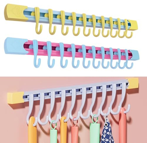 OULIGET Utility Slide Rail Hook,Under Cabinet Kitchen No Punching Hooks for Hanging Utensil,Bathroom Bedroom Office Wall Door Rack with 10 Hooks,2Pieces