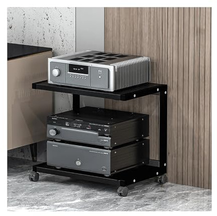 RGZFYH HIFI Rack Supporto multimediale AV a 2/3 livelli con ruote HIFI Supporto for giradischi Ripiani da gioco in legno Mobiletto componenti stereo aperto Torre audio giradischi TV(Svart,45cm)