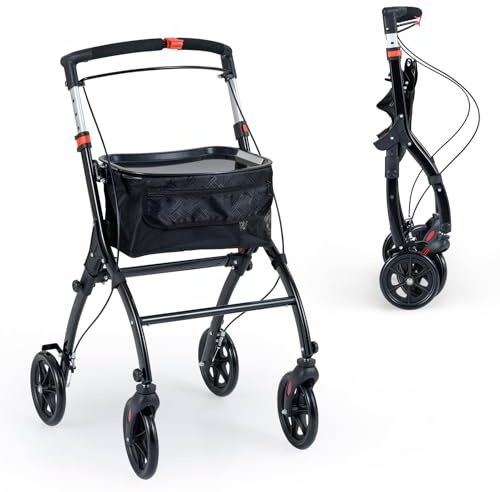 COSTWAY Foldable Rollator, Wheeled Mobility Walker with Storage Basket, Removable Tray, 4 Wheels and Brakes, Lightweight Narrow Walking Aid for Elderly Disabled (Black)