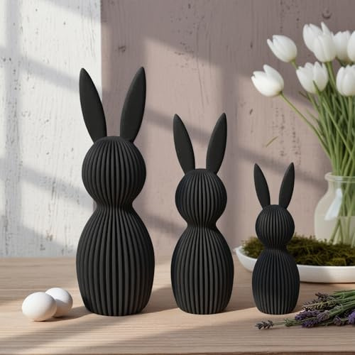 Kashyke 3D Druck Osterhase Figur Modern Osterdeko Hasen Deko Frühlingsdeko, Tolle Osterfiguren, Hasenfiguren, Dekofigur, Osterdeko Tisch, Dekoration für Ostern (3pcs - Schwarz)