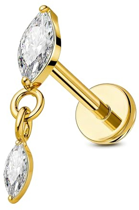 OUFER 18G Helix Piercing Jewellery Titanium Threadless Tragus Stud Conch Earrings 6mm Gold Labret Lip Piercing Jewelry Flat Back Cartilage Earrings Clear CZ Forward Helix Jewelry for Women Men