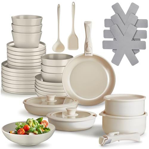 tectake® Juego de Vajilla Completa y Batería de Cocina, Ollas Cocina y Sartenes Antiadherentes con Mangos Desmontables, Vajilla Moderna, Platos Ceramica - 40 Piezas Gris Topo/Blanco