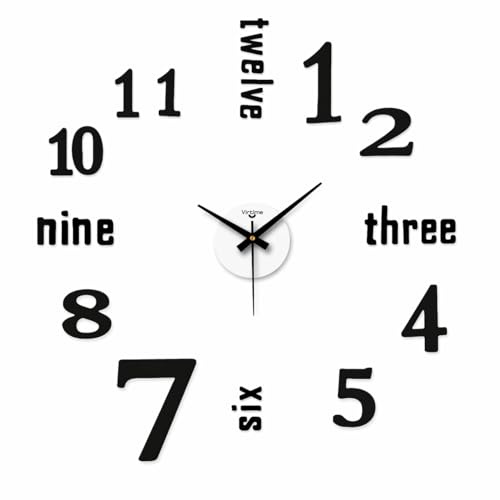 VIRTIME Orologio da Parete Adesivo, EVA Rivestito in PVC, Modello Numeri & Lettere, 50 cm, Movimento al Quarzo Step (Nero)