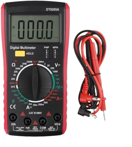 Digital multimeter DT9205A med automatisk avstängning | ABS/silikonkropp, automatisk avstängning, infällbart stativ, AC/DC-spänning och ström, motstånd, kapacitans, diodtest