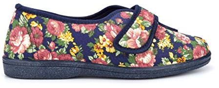 Sleepers Womens Wilma Wide Fit Cotton Slippers with Touch Fastening Floral Navy (EE Fitting) 9 UK