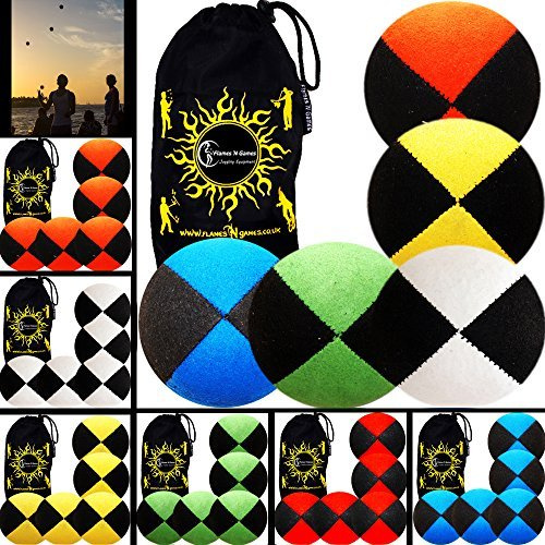 Flames 'N Games 5X Pro Thud Juggling Balls (Wildleder) Profi Jonglierbälle Set Mit 5 + Reisetasche - Schwarz/Grün