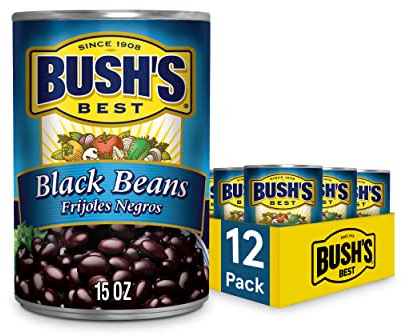 BUSH'S BEST 15 oz Canned Black Beans, Source of Plant Based Protein and Fiber, Low Fat, Gluten Free, (Pack of 12)