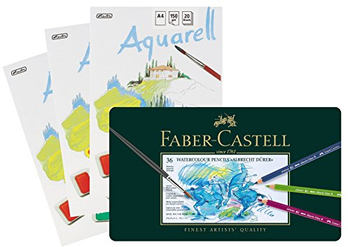 Faber-Castell 117536 - Aquarellstifte Albrecht Dürer, 36er Metalletui | mit 3 Aquarellblöcken