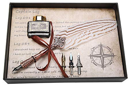 Bewinner Classical Immersion Feather handgefertigte Kalligraphie Füllfederhalter, Retro Feder Dip Pen Ink Flasche Set mit 3 Dip Pen Nips, perfekte Geschenke für Freund Familie Kinder(Weiß)