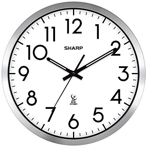 Sharp Atomic Analog Wall Clock - 12 Silver Brushed Finish Sets Automatically- Battery Operated Easy to Read Use: Simple, Style fits Any Decor
