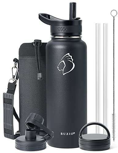 BUZIO 1180ml Water Bottle, Stainless Steel Insulated Water Flask with Straw Lids, Canteen Metal Thermo Mug Hydro Cup Jug, Double Vacuum Hot Cold Water Bottles with Carrying Pouch, Black