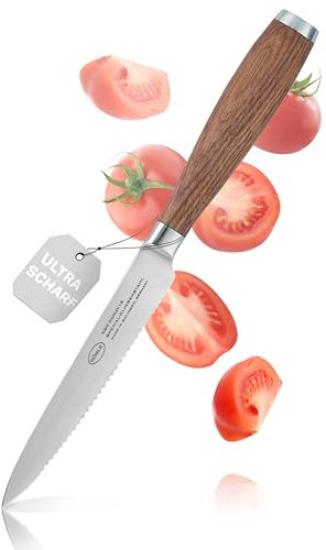 RÖSLE Coltello universale con lama seghettata della linea Masterclass, di alta qualità, per tagliare frutta e verdura, realizzato a Solingen, in acciaio speciale per lame e legno di noce