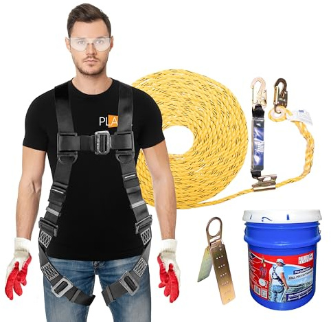 ATERET Bucket of Roof Harness Safety Kit, 50 ft. Vertical Lifeline Assembly, Reusable Anchor and Storage Bucket