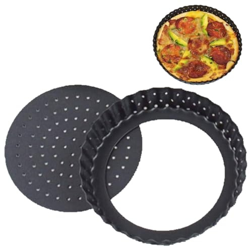 Agatige Non Stick Pizza Pan with Loose Base, 9in Carbon Steel Deep Perforated Pizza Crisper Fluted Tart Tins 25 cm Deep Pie Dish Crusty Bake Round Pizza Trays with Holes for Baking