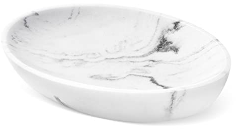 Shinowa Porte-Savon Ovalaire en Résine, Support de Savon avec Trous de Ventilation Plateau de Rangement pour Cuisine Salle de Bain Toilettes Douche pour Ranger Bougie Savon, Marbre Blanc