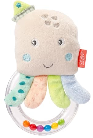 Fehn 054248 Rasselring Oktopus – Greifling zum Rasseln, Quietschen, Fühlen mit kuschelweichem Stoff-Oktopus – Für Babys und Kleinkinder ab 0+ Monaten – Größe 14cm
