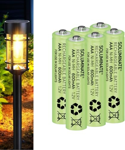 Soluminate Rechargeable AAA Solar Light Batteries (600mAh) for Outdoor Garden Solar Lights, Pathway Light, Lawn Lights, Patio and Decking Lights and Solar String Lights. 1.2V NiMH Technology (6-Pack)