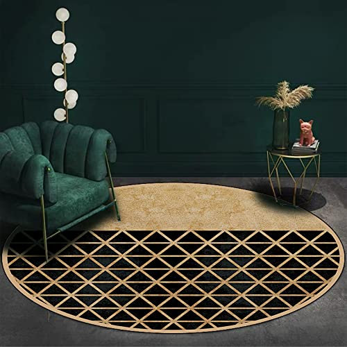 makeups1 Home Alfombra Salón Pelo Corto Moderno Diseño Liso Moderno Atemporal, Pespuntes Triangulares Negros y Dorados de Lujo, ø 200 cm