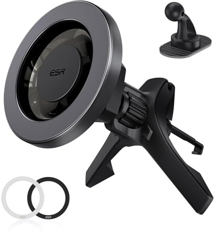 ESR for MagSafe Car Mount, Magnetic Phone Holder for Car Air Vent, Car Phone Holder Mount for iPhone 17e/17/16/16e/15/14/13/12/Samsung, All Smartphones(2 Metal Rings Included),Charging Not Supported