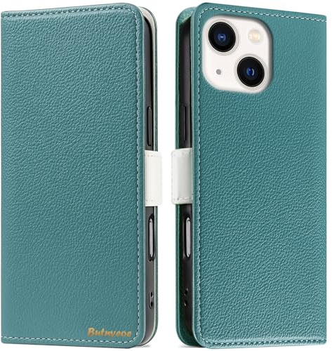 Butnyeoe Handyhülle für iPhone 13 Klappbar Hülle,Litschi Textur Leder Wallet Schutzhülle Tasche Flip Cover Case,Magnetic Closure Klapphülle mit Kartenfach Standfunktion,Blau Grün