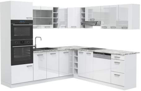 Vicco Eckküche R-Line, Weiß Hochglanz/Weiß, 247 x 237 cm | 14 Module · Höhenverstellbare Füße · AP Marmor inkl. · Robuste Fronten · Mit Backofen-/Mikrowellenschrank