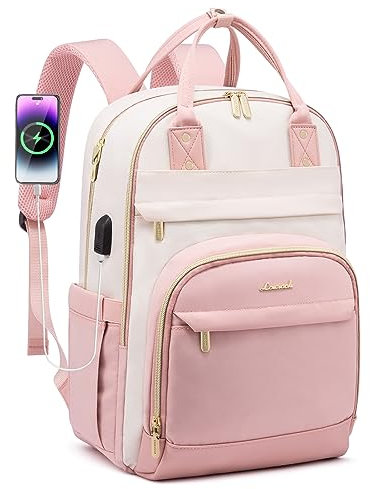LOVEVOOK Laptop Backpack Women 15.6 inch, Waterproof Rucksack Bag for Ladies with Anti-theft Zipper & USB Port, Smart Laptop Bags College Backpack Womans for Work Uni Travel Teacher Student Pink