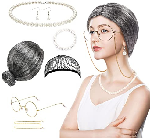 TSHAOUN 7-teiliges Kostüm für alte Dame, Cosplay mit grauer Oma-Perücke, Oma-Brille, Armband, Halskette, Ohrringe für Halloween, Karneval, Maskerade, Bühnenauftritt, Kostümzubehör