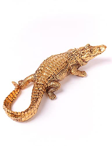 HAUCOZE Krokodil Skulptur Statue Tier Figuren Modern Deko Ornament 36cm | Gold Polyresin Wohnzimmer Kunst Handgefertigte Arts Geburtstag Feiertag Geschenk für Tisch Regal Schreibtisch