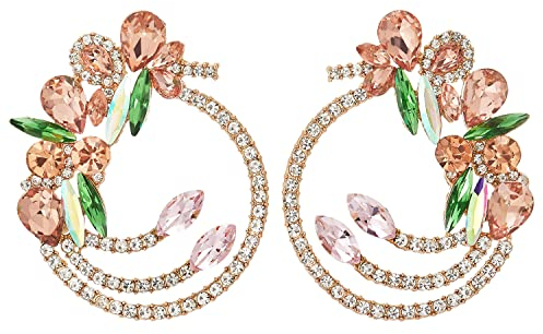 Boucles d'oreilles Glamour à Grand Cercle, Fleur à Pétales en Cristal de Pêche Rose Corail