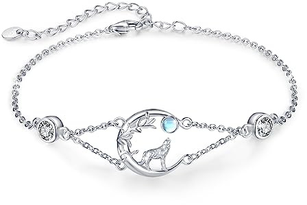 SOESON Wolf Armband Damen Sterling Silber Mondstein Armband Tier Verstellbar Schmuck Geschenk Weihnachten Geburtstag für Mädchen