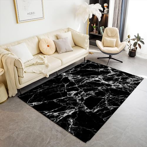 Teppich Kinderzimmer Mädchen Jungen Marmor Wohnzimmer Schlafzimmer Teppich Marmor Optik Schwarz Weiß Moderner Weicher Kinderteppich Bettvorleger Polyester Flur Waschbarer Teppich 160x230 cm