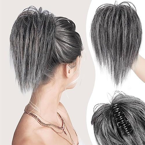 Colorfulpanda Pferdeschwanz Ombre Grau mit Klammer Glatt Kurz Clip in Claw Haargummi Haarteil Ponytail Natürliches Kunsthaar Haar Haarverlängerunge Unordentlich Dutt für Damen,26cm