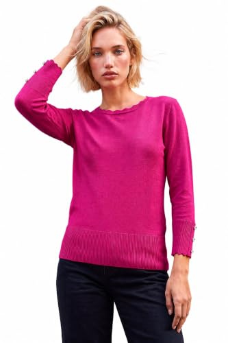 Roman Diamante Button Scallop Edge Jumper for Women UK Ladies Autumn Everyday Winter Holiday Round Neckline Comfy Long Sleeve Soft Slim Fit Knitted Sweater Warm Tops