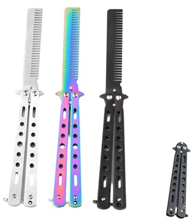 3 Stück Schmetterlingskamm Bunter Metall-Klappkamm | Nicht geschärftes Balisong Trainingsgerät Schmetterlingstrainerkamm für Anfänger Praxis Haar Bart Styling