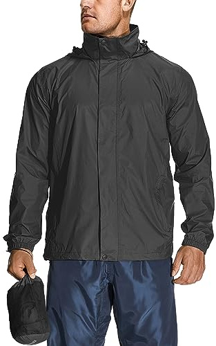 yeyity Giacca impermeabile da uomo, leggera, pieghevole, con cappuccio, traspirante, a vento, Nero , S