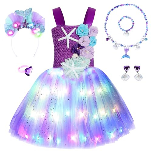 JONRRYIN Meerjungfrau Kostüm Mädchen, LED Tütü Tüllkleid für Mädchen mit 6 Zubehör, Leuchtendes Prinzessin Kleid für Karneval Verkleidung Cosplay Geburtstagsfeier Festkleid (Lila, M)