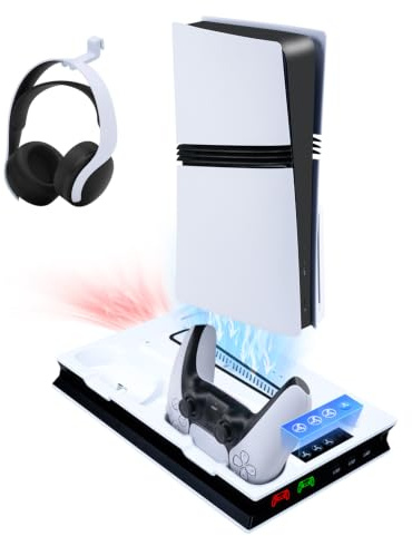 Mcbazel PS5 Pro/ PS5/ PS5 Slim Ladestation Ständer mit 3 Stufig Lüfter und Licht, PS5 Ständer Controller Ladestation LED Standfuß mit Magnet für PS5 Pro/PS5 /PS5 Slim UHD/Digital Edition - Weiß