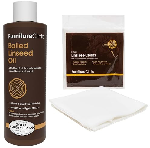 Furniture Clinic Boiled Linseed Oil for Wood 250ml - Premium Oil to Enhance & 3 Pack of Lint Free Cleaning Cloths - 3 Cleaning Cloths for Cleaning