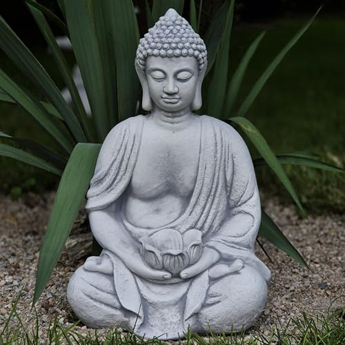 FABRIQ Großer Buddha mit Blumentopf 40 cm – 11 kg Steinguss – Wetterfest & frosticher – Zen Gartendeko