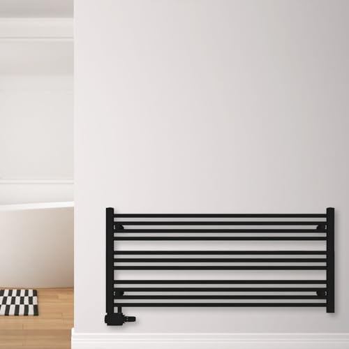 SHV Badheizkörper Pegasus mit Seitenanschluss in schwarz matt | Heizkörper für Badezimmer, Handtuchhalter für Wand im Bad, Handtuchheizkörper, Handtuchtrockner aus Stahl (1200x550 mm)