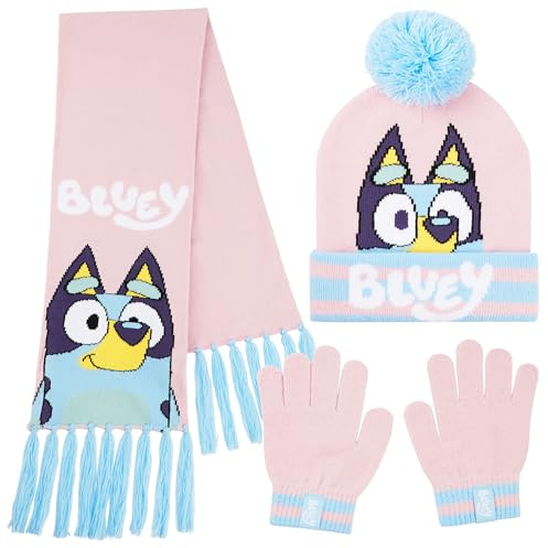 Bluey Mädchen Winter Accessoires Set, Mütze, Schal & Handschuhe oder Beanie & Handschuhe - Geschenke für Kinder