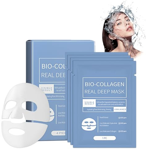 Bio Collagen Real Deep Mask,4 Piezas Bio Collagen Face Mask,Collagen Reverse Film Volume Peel off Mask,Collagen Mascarilla Facial Hidratante,Reafirma la Piel e Hidrata Profundamente