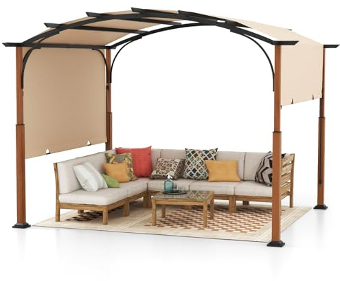 COSTWAY Pergola Rétractable d'Extérieur 300 x 360 CM, Pergola Métallique à Arcs pour Patio avec Auvent Rétractable Poteaux Aspect Bois, Tonnelle Treillis pour Jardin Patio Porche Cou (Beige)