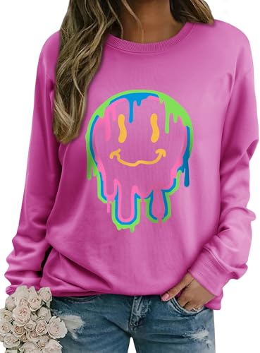 WIEIYM Damen Sweatshirt Drucken Langarm Rundhals Herbst Winter Langarmshirt Frauen Druck Locker Casual Oberteil Sport Streetwear Sweatshirts Tops Bluse,Rose,2XL