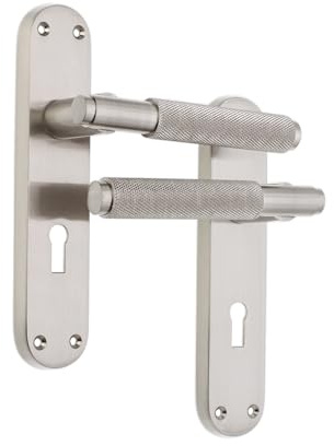 Infinity Decor Juego de manijas de puerta moleteadas en placa trasera con cerradura - Ideal para puertas interiores y exteriores (níquel satinado)