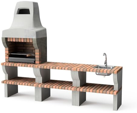 MOVELAR - Barbacoa de Obra Prefabricada para Leña y Carbón Modelo PALERMO BARBACOA - (Gris/Terracota - 259 x 58 x 220 cm) REF: M00900 - Uso en Exteriores (PACK 1)